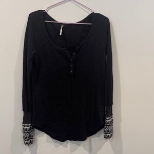 Free People Thermal Henley w/ Contrast Knit Sleeve Cuffs | Waffle Knit